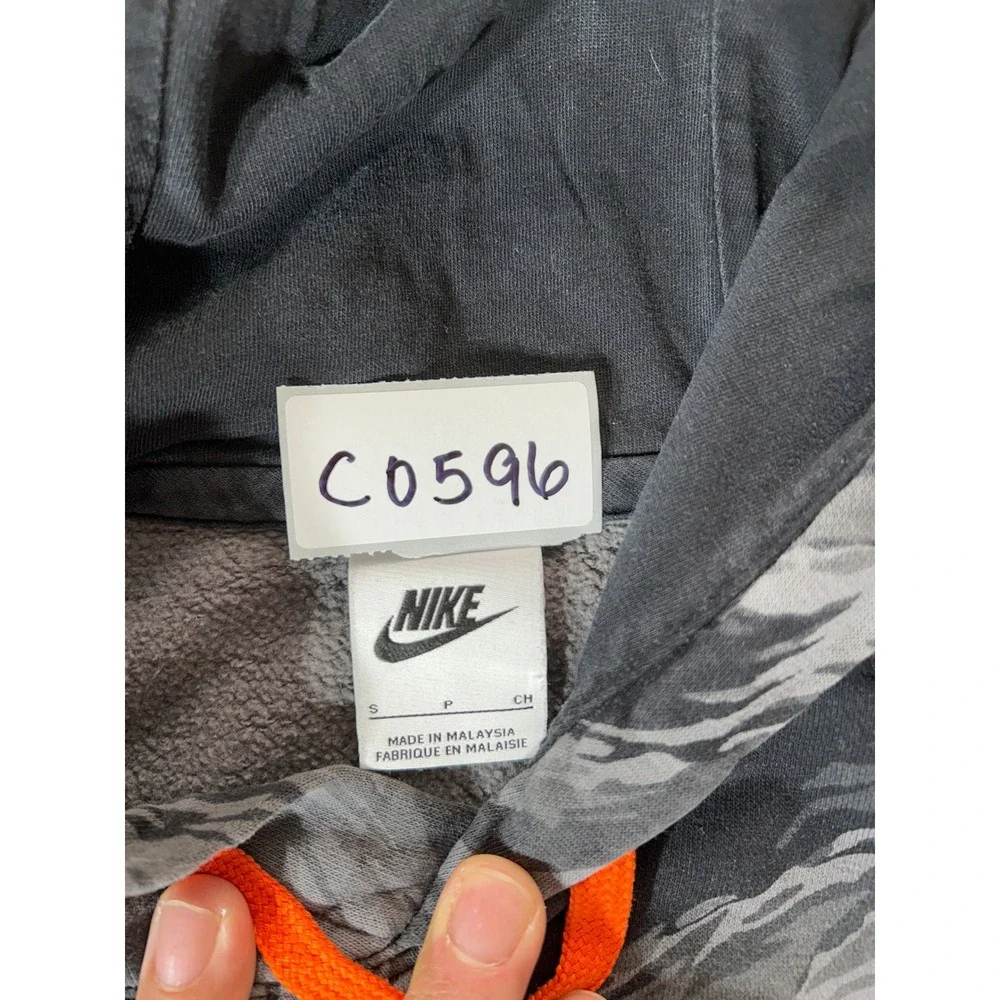Nike Mens Grey Tiger Stripe‎ Camo Fleece Hoodie Orange Logo Small